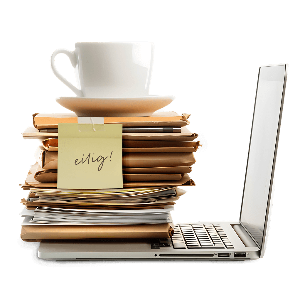 Aktenstapel auf Laptop und Kaffeetasse oben drauf